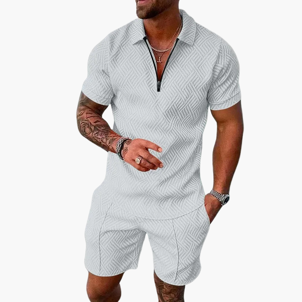 Herrset – Modern Zip-Piké och Shorts för Sommar, Avslappnad Stil, Trendig Vardagslook