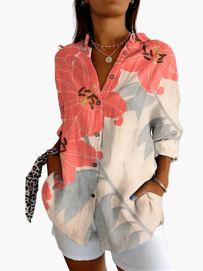 Dam Blus Skjorta Med Knapp Långärmad Blommig Elegant Vardagsstil