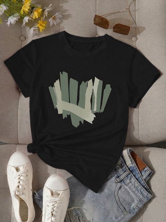 Dam T-shirt med abstrakt geometriskt tryck – avslappnad och trendig vardagsstil