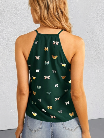 Damlinne med fjärilsmönster och halterneck – Elegant sommartopp