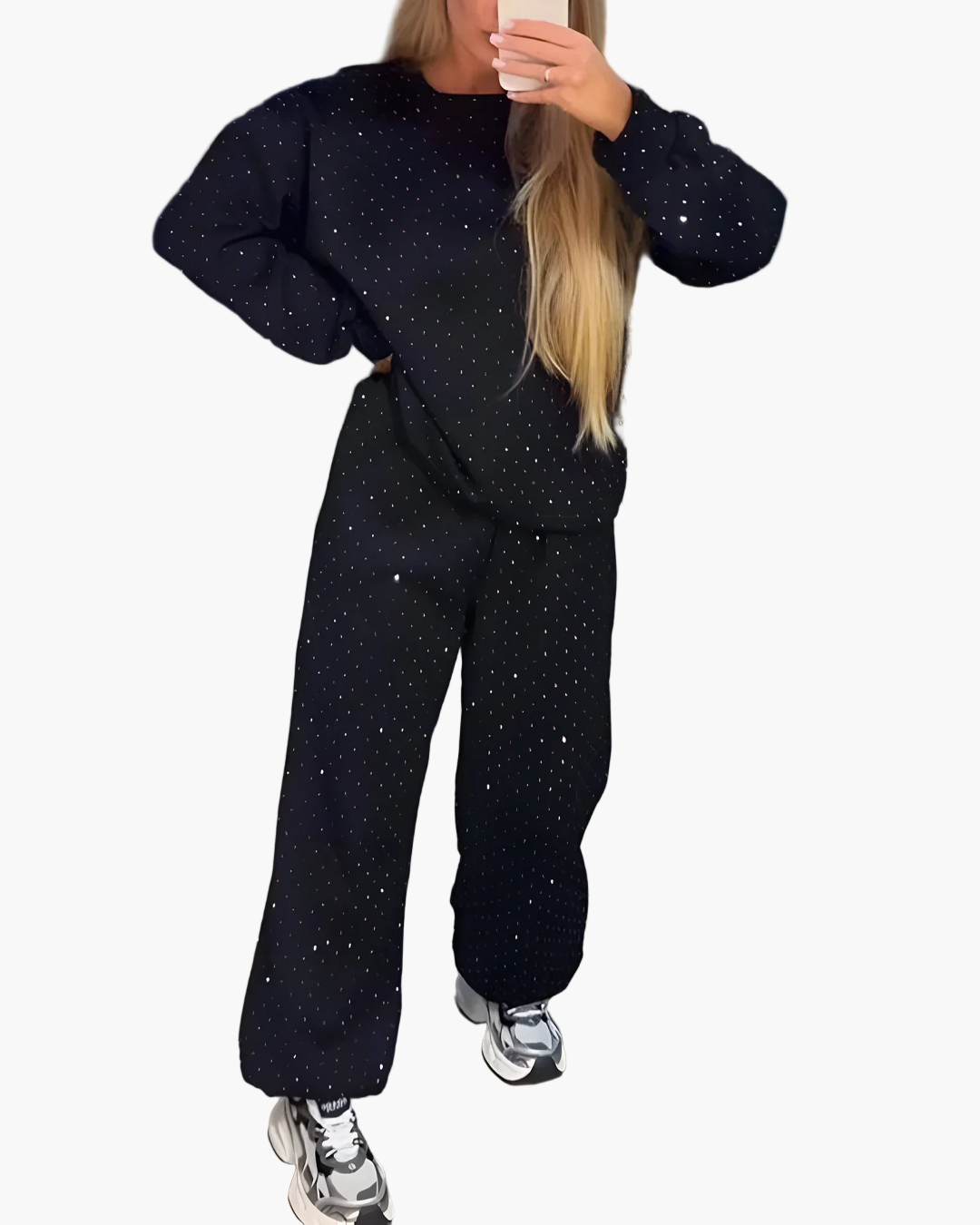Dam Set Loungewear Avslappnad Stil med Glittrande Prickar – Perfekt för Hemma och Vardag
